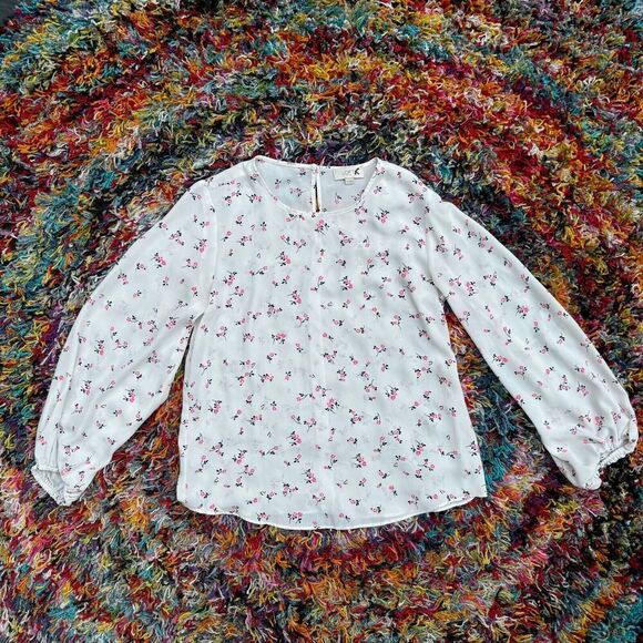 Loft Petite Floral Long Sleeve Peasant Blouse Keyhole Back Balloon Sleeve XS - Picture 1 of 8